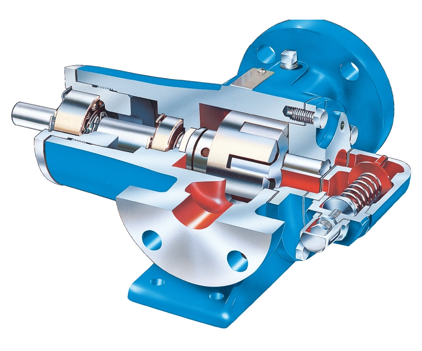 A blue pump with many parts on it