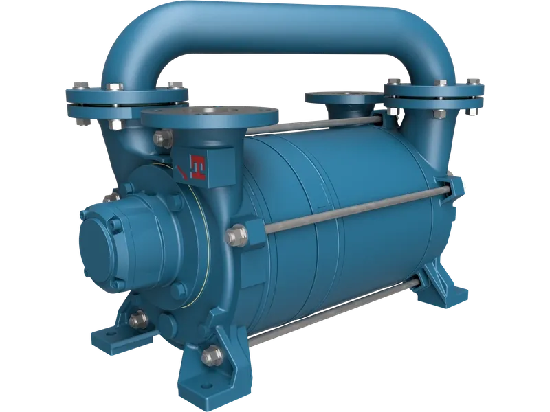 A blue pump with two pipes and one of the pumps is on top.