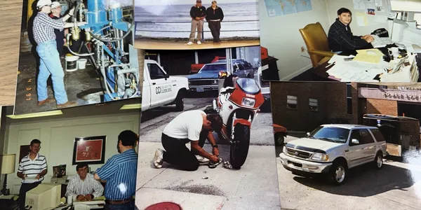 A collage of photos with men working on motorcycles.