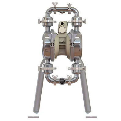 A double diaphragm pump with two legs and one end of the frame.