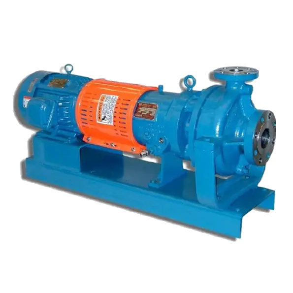 A blue pump with an orange sticker on it.