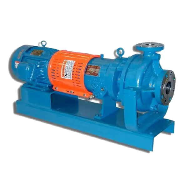 A blue pump with an orange label on it.