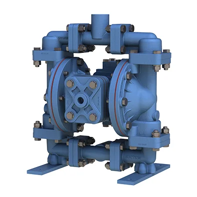 A blue pump with two different valves on it.