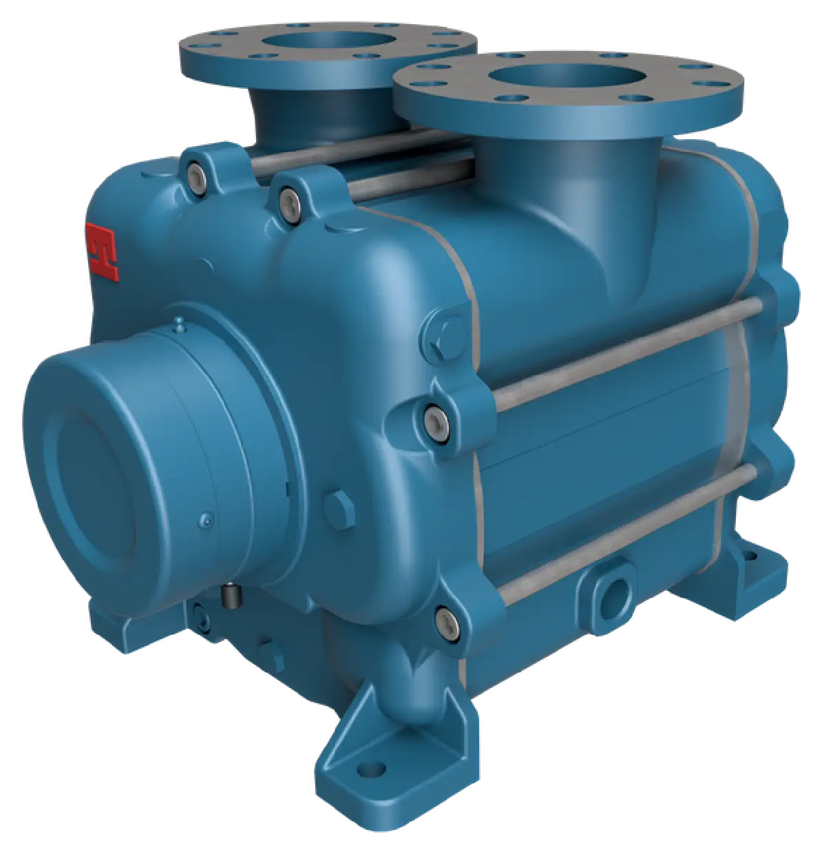 A blue pump is shown with two valves.