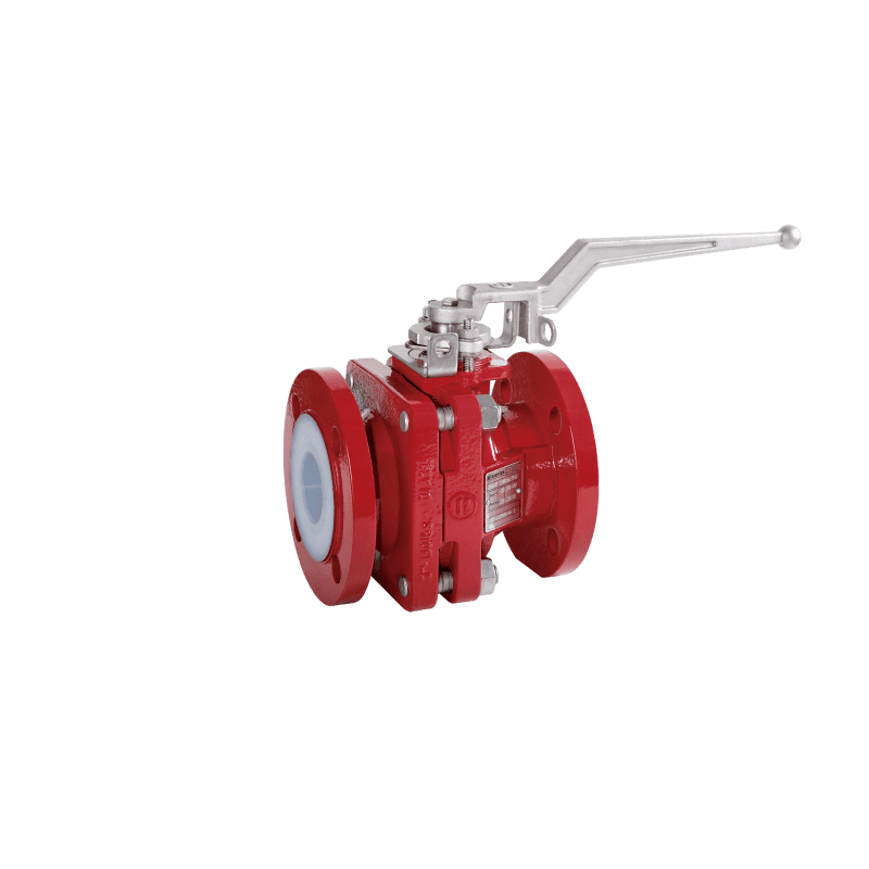 A red ball valve with two handles on the side.