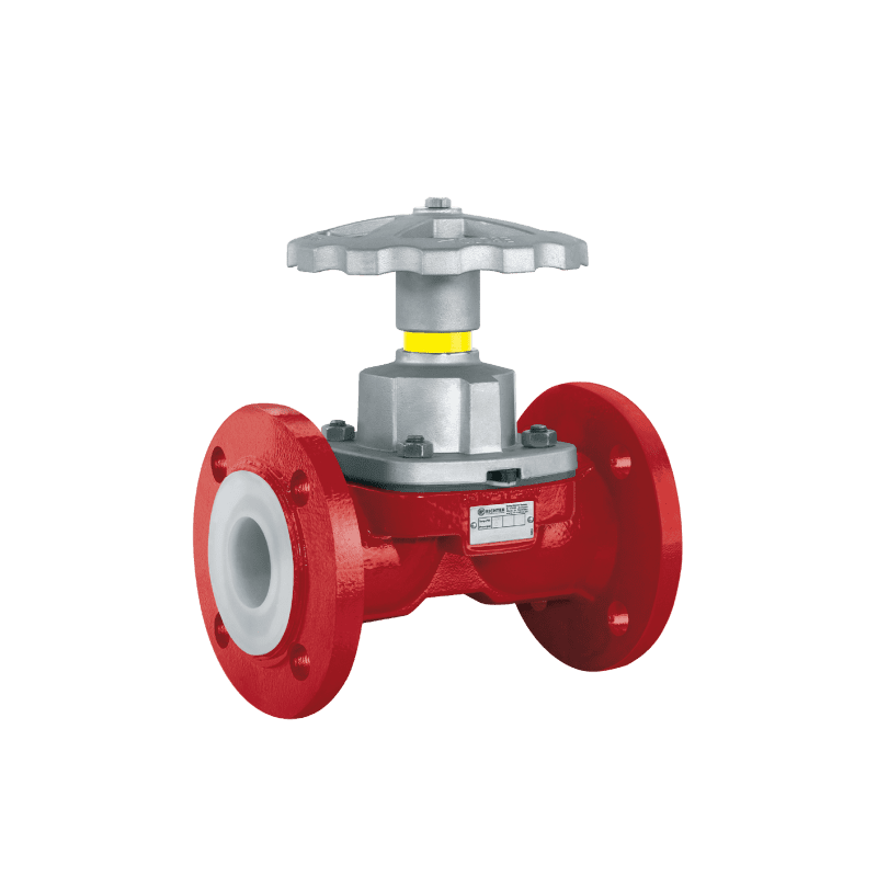 A red and white valve sitting on top of a green background.