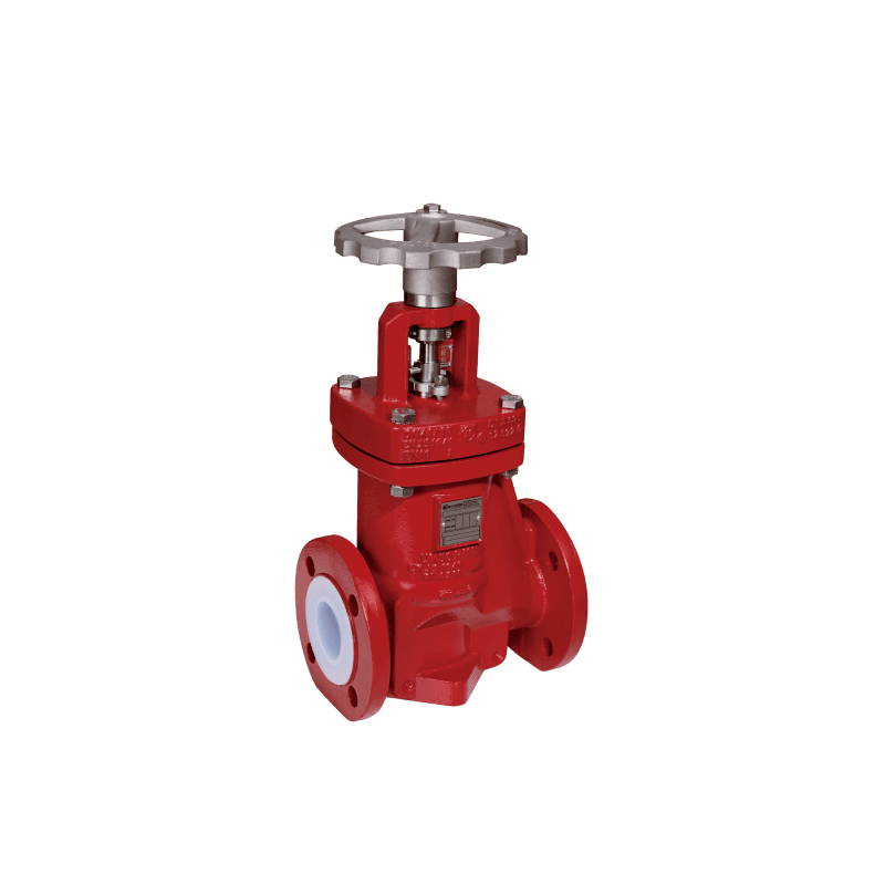 A red and white valve sitting on top of a green background.