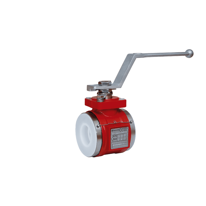 A red and white ball valve with a handle.