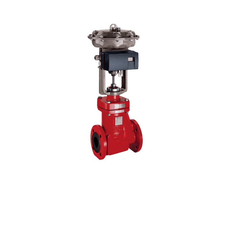 A red gate valve with a metal head.