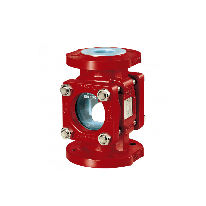 A red valve with four bolts on it.