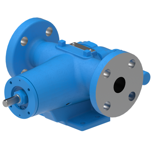 A blue pump with a metal head and two valves.