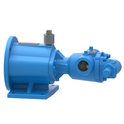 A blue pump is shown with the image of it in the background.