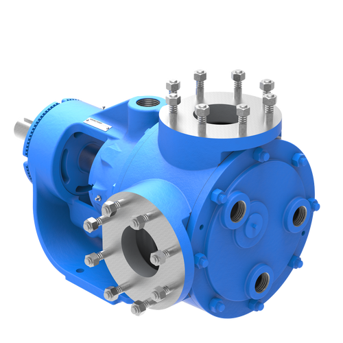 A blue pump with many gears on it